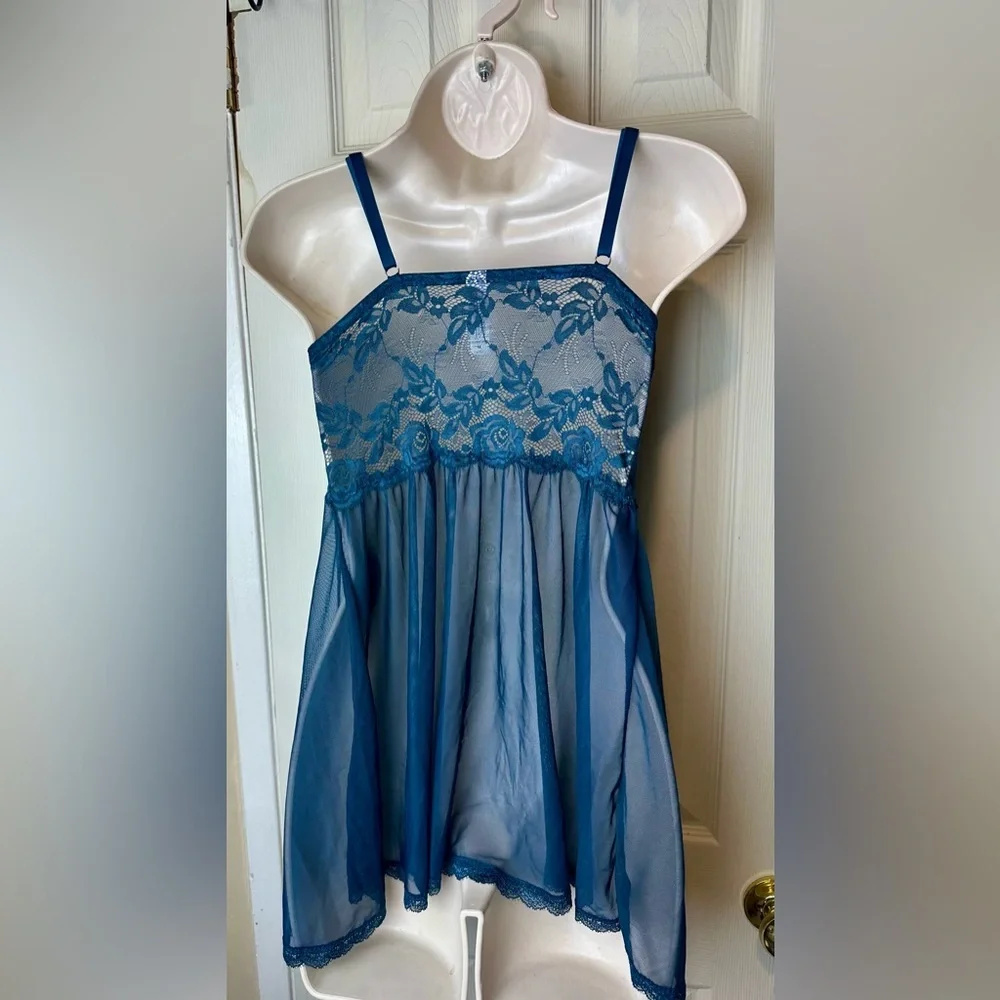Fashion Nova Sheer Lace Babydoll Chemise in Teal Medium